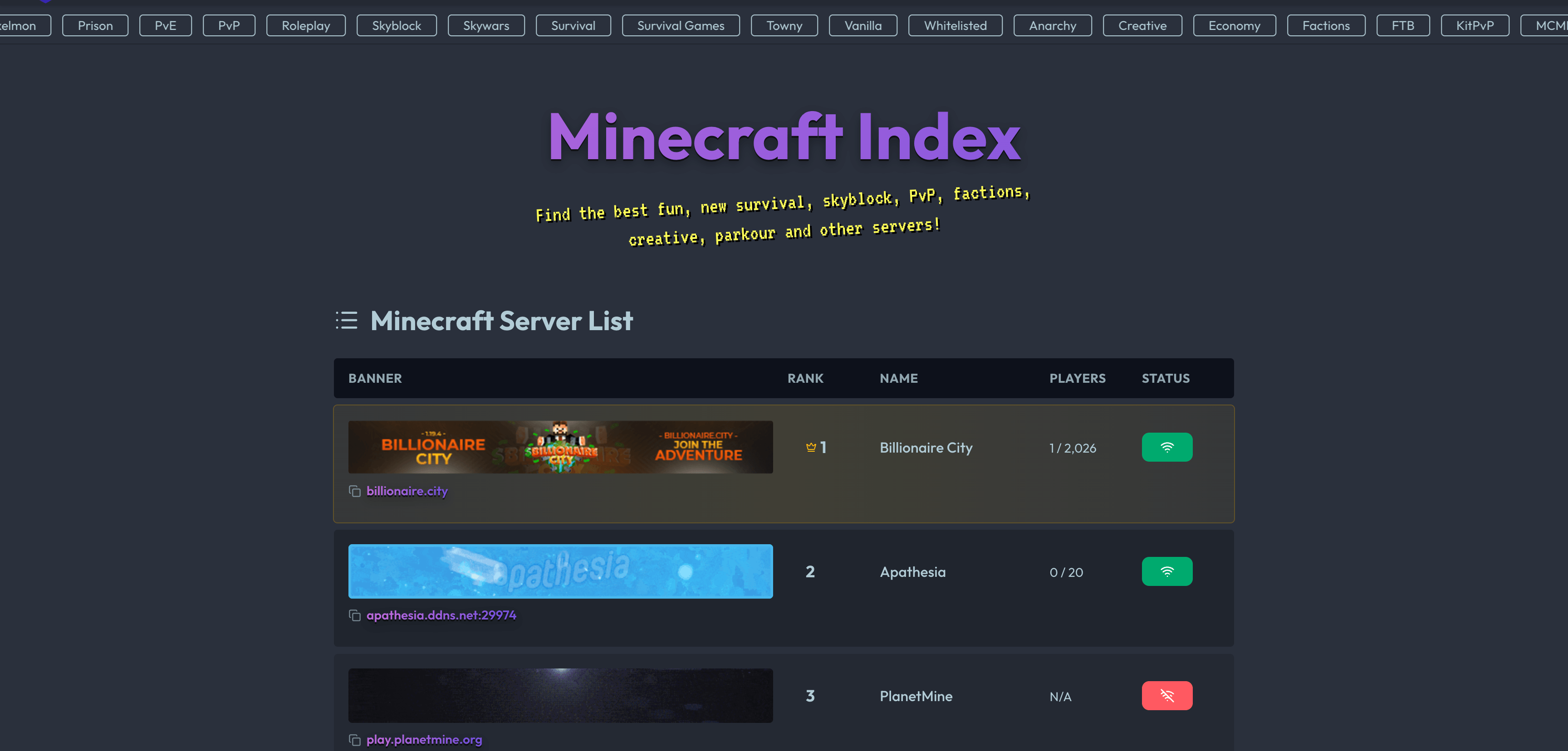 The Minecraft Index homepage featuring a dark themed server list with category filters and server banners