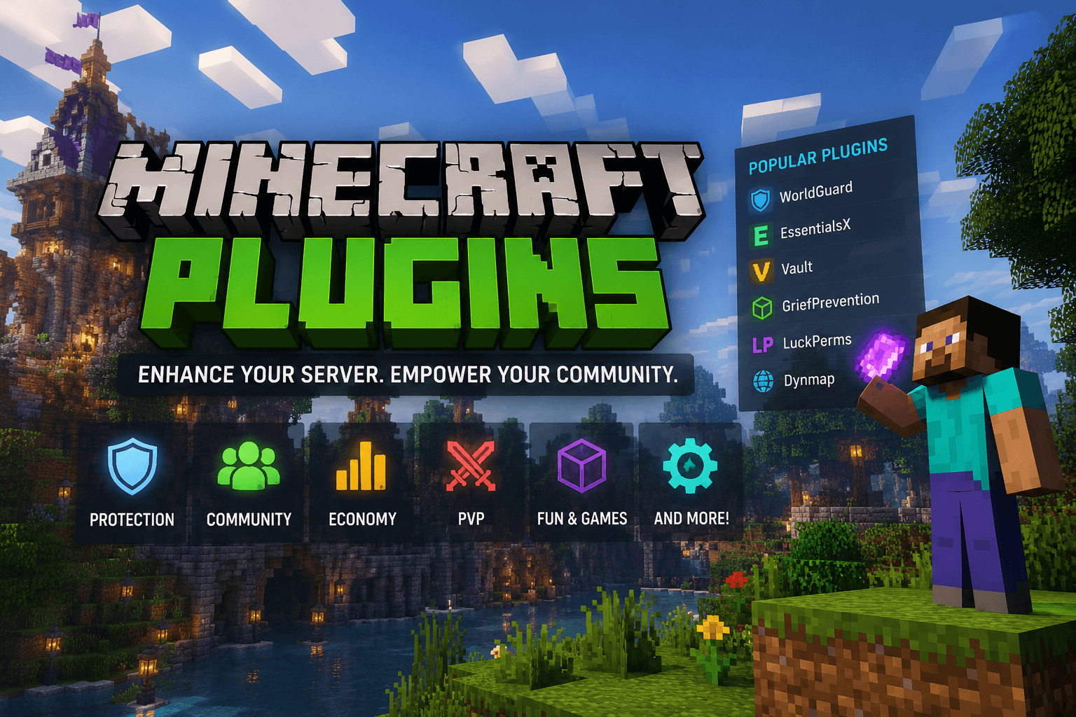 Minecraft plugins overview showing popular plugins like WorldGuard, EssentialsX, Vault, and more