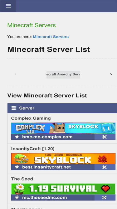 The Minecraft Index server list homepage showing server listings with banners, ranks, and player counts
